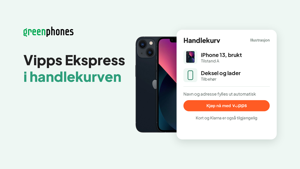 Illustrasjon av handlekurven hos Greenphones med en brukt iPhone 13 og tilbehør, og knappen Kjøp nå med Vipps. Teksten sier Vipps Ekspress i handlekurven.